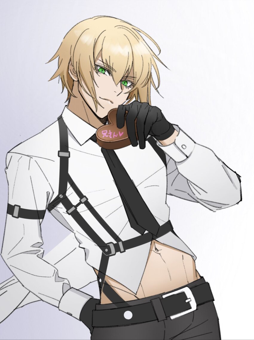 1boy alternate_costume ark1478 belt black_gloves black_necktie black_pants blazblue blonde_hair candy chocolate chocolate_heart collared_shirt colored_eyelashes cowboy_shot cropped_shirt sleeve_cuffs food gloves gradient_background green_eyes groin hand_on_own_hip heart highres holding holding_food kisaragi_jin looking_at_viewer male_focus midriff multiple_belts navel necktie pants shirt short_hair smile valentine white_shirt