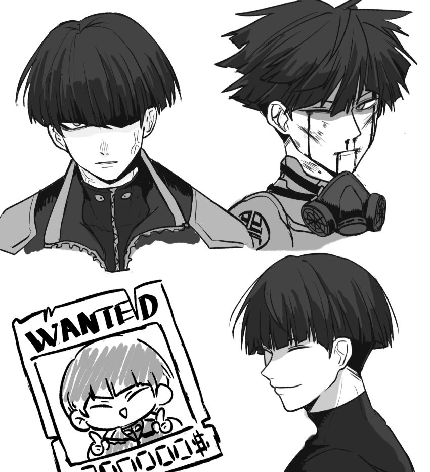 1boy gannider gas_mask hair_between_eyes highres hoshina_soshiro jacket kaijuu_no._8 looking_at_viewer male_focus mask monochrome multiple_views one_eye_closed turtleneck upper_body wanted_poster