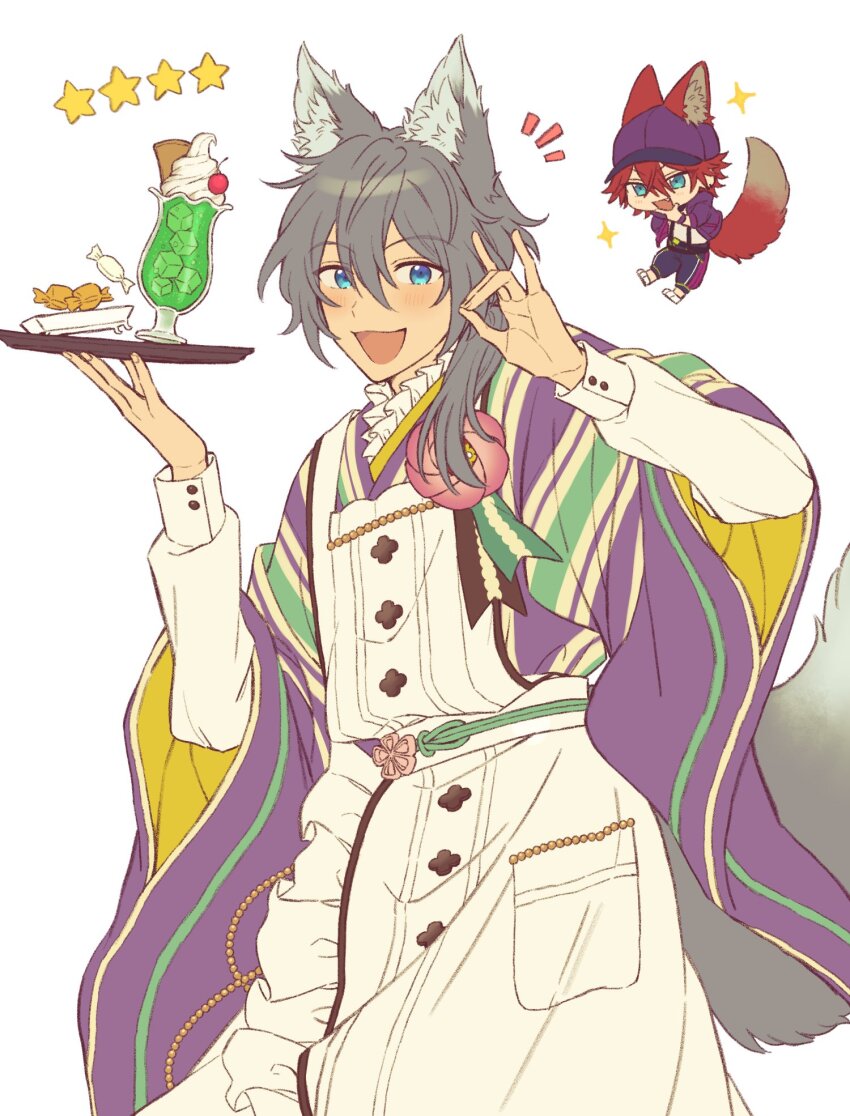 2boys :3 :d amagi_rinne animal_ears candy chibi chibi_inset cowboy_shot cup drinking_glass ensemble_stars! flower_brooch food furisode gesture_request hair_over_shoulder hands_up highres holding holding_tray japanese_clothes kemonomimi_mode kimono layered_apron looking_at_viewer male_focus multiple_boys notice_lines open_mouth otabe_(g0hanpanmen) shiina_niki sleeve_cuffs smile solo_focus star_(symbol) striped_clothes tail three_quarter_view tray white_background wolf_ears wolf_tail wrapped_candy