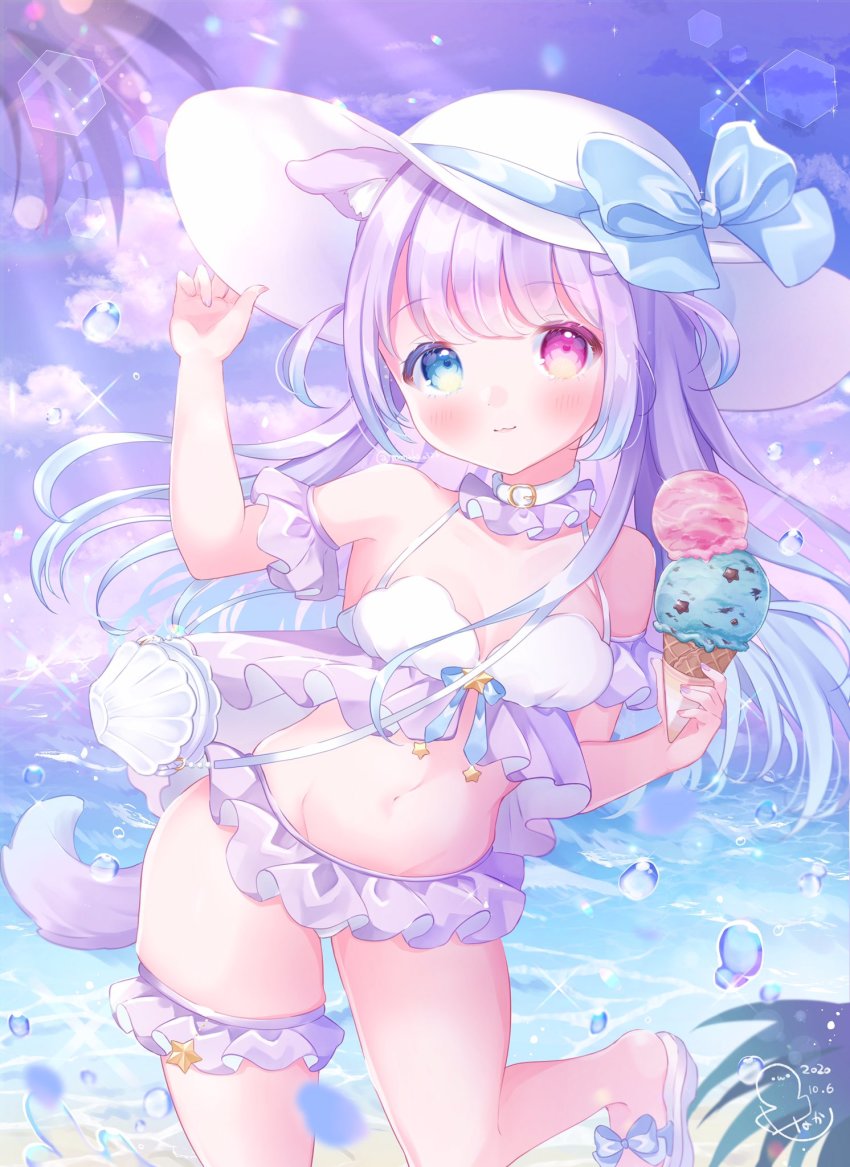 1girl animal_ears arm_garter bikini blue_bow blue_eyes blue_hair bow breasts choker cloud dog_ears dog_tail food gradient_hair groin hat hat_bow heterochromia highres ice_cream bridal_garter long_hair multicolored_hair navel ocean omochi_monaka original purple_hair red_eyes sky slippers small_breasts solo standing standing_on_one_leg swimsuit tail white_bikini