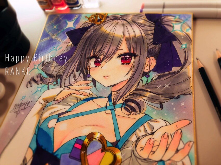 1girl art_tools_in_frame bow breasts cleavage crown dress drill_hair grey_hair hair_bow happy_birthday highres idolmaster idolmaster_cinderella_girls kanzaki_ranko long_hair looking_at_viewer mini_crown photo_(medium) reaching reaching_towards_viewer red_eyes small_breasts smile solo traditional_media tsukigami_runa twin_drills upper_body