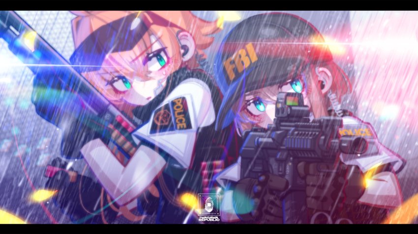 2girls absurdres aiming aqua_eyes artist_name assault_rifle baseball_cap black_headwear chromatic_aberration commentary english_commentary fbi glowing glowing_eyes gun hair_behind_ear hat headset highres holding holding_gun holding_weapon iwasawayuki lens_flare letterboxed multiple_girls orange_hair original police pump_action rain rifle shotgun weapon