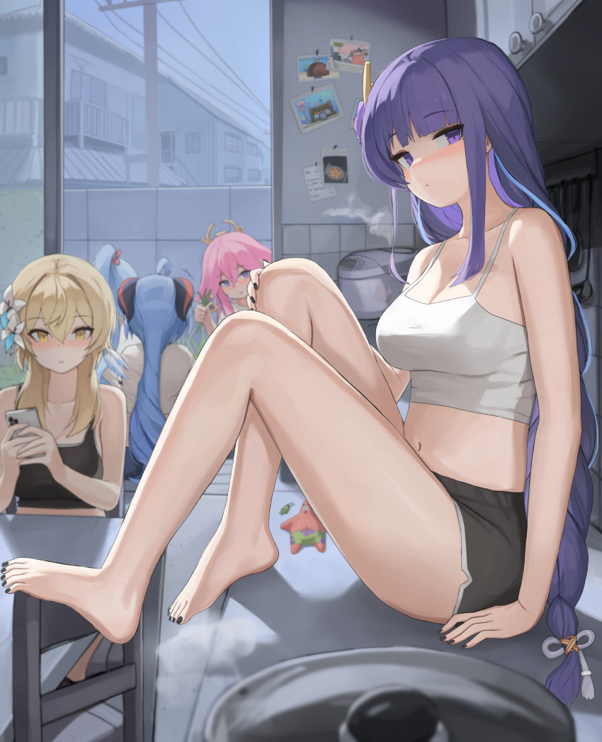 5girls absurdres alternate_costume ayaka_(genshin_impact) black_nails black_shorts black_sports_bra blonde_hair blue_hair breasts camisole cellphone cleavage desk dolri ganyu_(genshin_impact) genshin_impact high_ponytail highres holding holding_grass holding_phone knees_up large_breasts long_hair looking_at_viewer low-braided_long_hair low-tied_long_hair lumine_(genshin_impact) midriff multiple_girls nail_polish navel on_desk patrick_star phone pink_hair purple_eyes purple_hair raiden_shogun rice_cooker shirt short_hair_with_long_locks shorts sitting smartphone spongebob_squarepants sports_bra stomach toenail_polish toenails white_camisole white_shirt yae_miko yellow_eyes