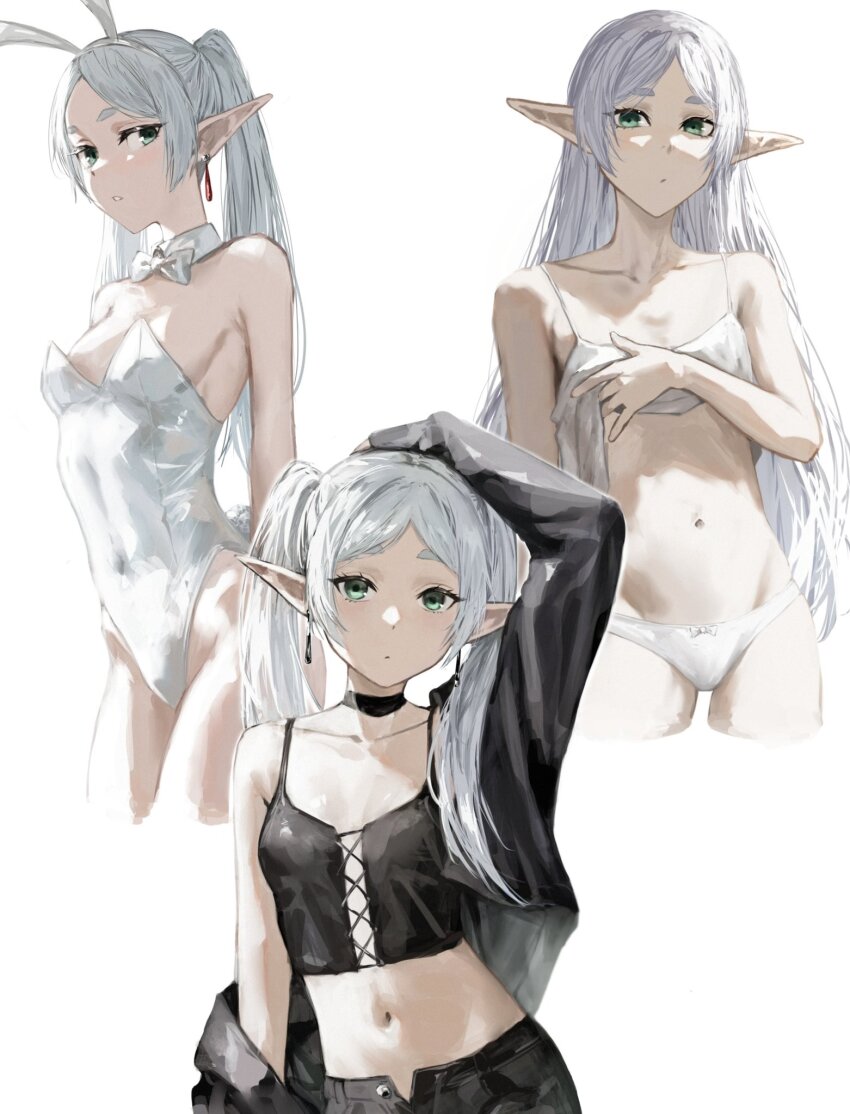 1girl animal_ears arm_up bare_arms bare_shoulders black_choker black_jacket black_pants bow bowtie bra breasts choker collarbone covered_navel cowboy_shot crotch detached_collar earrings elf female_focus frieren green_eyes hand_on_own_chest hand_on_own_head highres hip_bones jacket jewelry leotard long_hair looking_at_viewer multiple_views narrow_waist navel out_of_frame pants parted_bangs petite playboy_bunny pointy_ears rabbit_ears rabbit_tail raberu_ruru skinny small_breasts solo sousou_no_frieren tail thick_eyebrows thigh_gap thighs underwear upper_body very_long_hair white_background white_bow white_bowtie white_bra white_choker white_hair white_undershirt