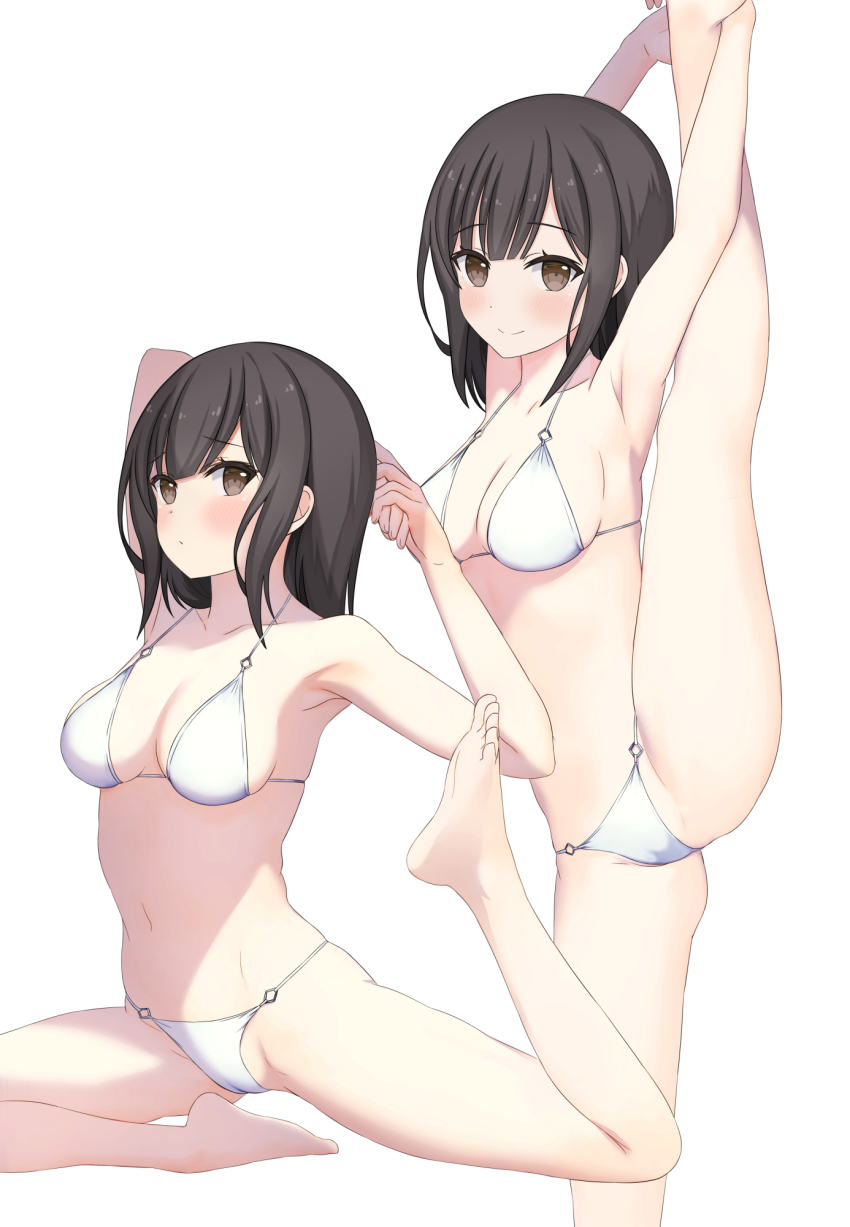 &gt;:) 1girl armpits arms_up bare_legs barefoot bikini black_hair blush braid breasts brown_eyes cameltoe cleavage closed_mouth collarbone commentary_request echiru39 feet flexible highres leg_up long_hair medium_breasts multiple_views navel original simple_background smile smug soles split standing standing_on_one_leg standing_split stomach stretching swimsuit toes v-shaped_eyebrows white_background white_bikini