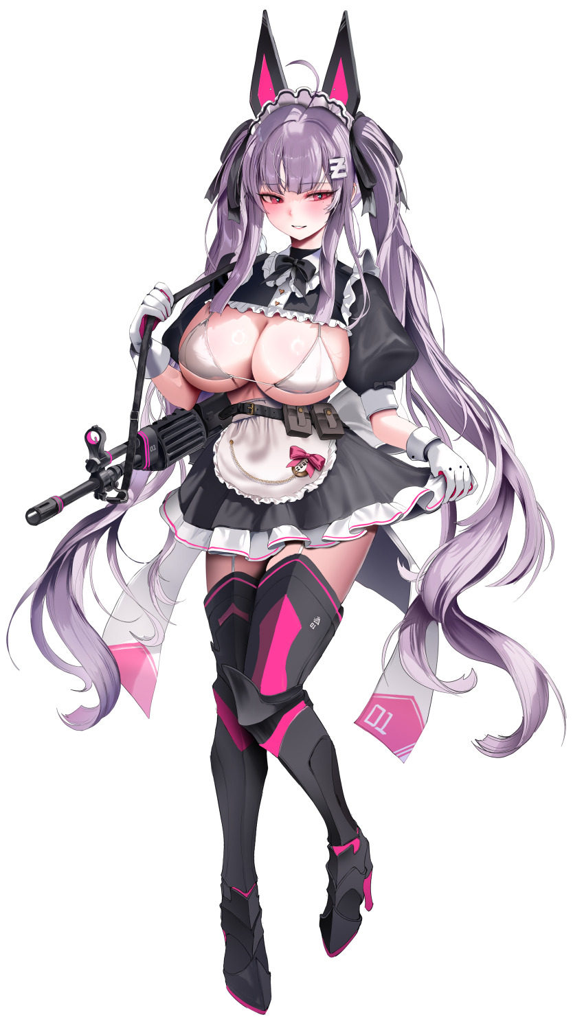1girl absurdres animal_ears apron armor armored_boots assault_rifle black_bow black_bowtie black_footwear black_ribbon black_shrug black_skirt blush boots bow bowtie bra breasts character_name cleavage daewoo_k2 fake_animal_ears fang frilled_apron frilled_skirt frills full_body gloves grey_apron gun hair_ornament hair_ribbon highres holding_strap large_breasts letter_hair_ornament long_hair maid maid_apron maid_headdress mole mole_under_eye original pink_bow pink_eyes purple_hair revision ribbon rifle shrug_(clothing) simple_background skirt skirt_hold smile solo standing thigh_boots traditional_bowtie twintails underwear very_long_hair waist_apron weapon white_background white_bra white_gloves zerocat zeru_(zerocat)