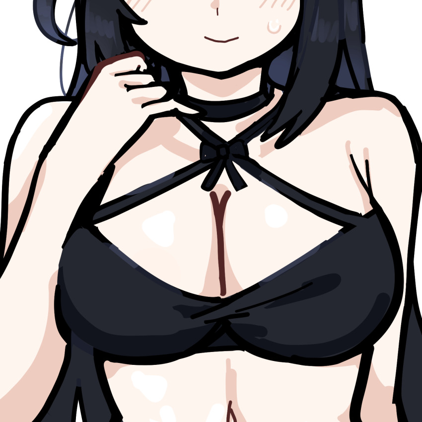 1girl bare_arms bare_shoulders bikini black_bikini black_choker black_hair blush breasts character_request chibi choker cleavage closed_mouth criss-cross_halter dokomon halterneck hand_up head_out_of_frame highres long_hair medium_breasts navel novelpia simple_background small_sweatdrop smile solo sweat swimsuit upper_body very_long_hair white_background