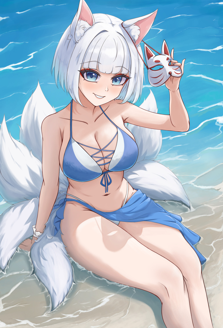 1girl absurdres animal_ears arm_behind_back arm_support azur_lane beach bikini bikini_skirt blue_bikini blue_eyes breasts cleavage eyeshadow fox_ears fox_girl fox_mask fox_tail from_above front-tie_bikini_top front-tie_top grin hand_up happy highres hip_focus holding holding_mask iliketequila kaga_(azur_lane) kaga_(everlasting_killing_stone)_(azur_lane) kitsune large_breasts looking_at_viewer looking_up makeup mask mask_around_one_ear medium_breasts medium_hair multicolored_bikini multiple_tails navel ocean on_ground outdoors red_eyeshadow sitting smile solo swimsuit tail thighs two-tone_bikini upskirt wet white_bikini white_hair