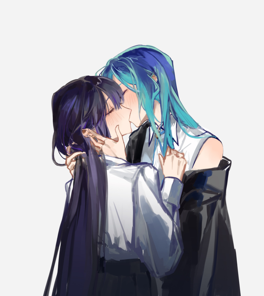 2girls aqua_hair bang_dream! black_hair black_jacket blush closed_eyes collared_shirt commentary highres hikawa_sayo jacket kawa_(trash0kawa) kiss long_hair multiple_girls open_clothes open_jacket shirokane_rinko shirt sidelocks simple_background single_off_shoulder white_background white_shirt yuri