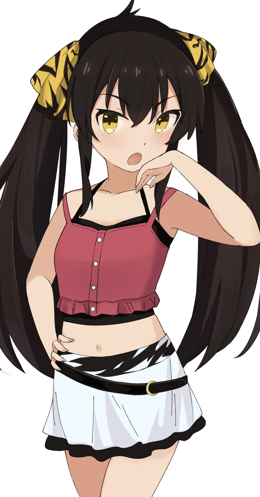 1girl absurdres agaya bare_arms bare_shoulders belly_grab black_hair blush collarbone cowboy_shot crop_top dot_nose flat_chest hair_between_eyes highres idolmaster idolmaster_cinderella_girls light_blush long_hair matoba_risa midriff miniskirt navel open_mouth pleated_skirt sidelocks simple_background skirt sleeveless solo stomach twintails very_long_hair white_background white_skirt yellow_eyes