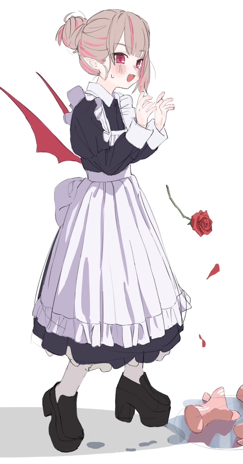 1girl :3 alternate_costume apron bat_wings black_dress black_shoes blush broken_vase brown_hair dress dropped_object enmaided falling_flower fang flower full_body hair_bun hands_up highres loafers long_sleeves looking_to_the_side low_wings maid maid_apron makaino_ririmu multicolored_hair nervous_smile nijisanji open_mouth pink_eyes pink_hair platform_shoes pointy_ears puddle red_flower red_rose rose shoes short_hair simple_background single_hair_bun sleeve_cuffs small_sweatdrop smile socks solo standing streaked_hair suisei_lens virtual_youtuber white_apron white_background white_socks wings