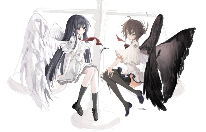 2girls ahoge angel angel_wings arms_at_sides artist_collaboration black_eyes black_footwear black_hair black_socks black_thighhighs black_wings blunt_bangs blunt_ends blush brown_hair capelet closed_mouth commentary_request cross cross_print crown_print feathered_wings floating_neckwear folded_ponytail frilled_skirt frills full_body green_eyes hands_on_own_knees highres hime_cut invisible_chair kneehighs knees_together_feet_apart loafers long_hair looking_at_viewer medium_hair multiple_girls necktie red_necktie school_uniform shiro_rei419 shirt shoes sidelocks simple_background sitting skirt smile socks straight_hair subarashiki_hibi tachibana_kimika takashima_zakuro thighhighs very_long_hair visinss weighing_scale white_background white_capelet white_shirt white_skirt white_wings wings