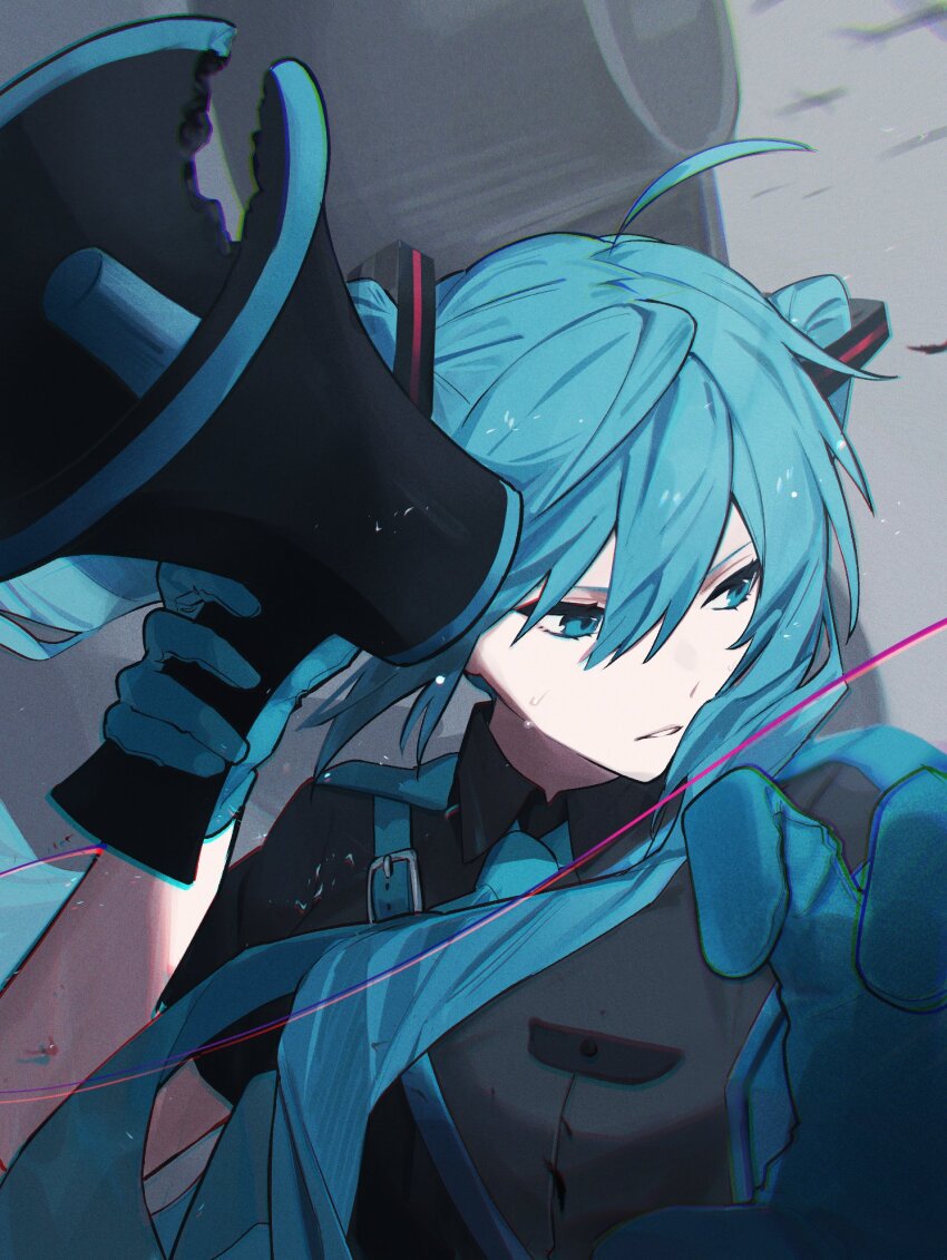 1girl ahoge aqua_eyes aqua_hair aqua_necktie black_shirt breast_pocket chromatic_aberration collared_shirt comugikun damaged frown gloves hatsune_miku highres holding holding_megaphone koi_wa_sensou_(vocaloid) long_hair looking_at_viewer megaphone necktie parted_lips pocket reaching reaching_towards_viewer shirt short_sleeves shoulder_belt solo sweat twintails upper_body v-shaped_eyebrows vocaloid