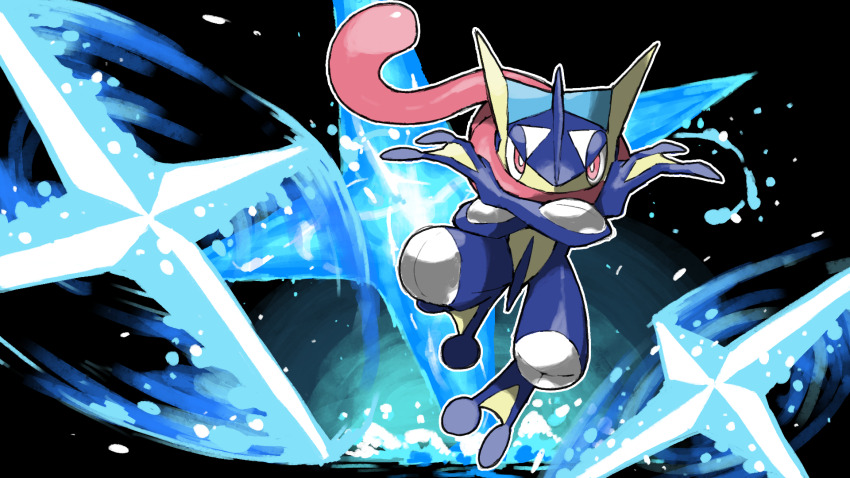 animal_focus black_background blacknirrow creatures_(company) crossed_arms full_body game_freak gen_6_pokemon greninja highres nintendo no_humans outline pink_eyes pokemon pokemon_(creature) shuriken simple_background solo tongue_scarf water weapon white_outline