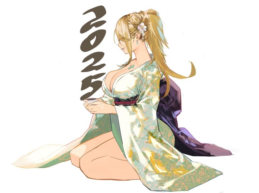 1girl 2025 blonde_hair breasts chest_jewel cleavage cup earrings eyes_visible_through_hair flower full_body hair_flower hair_ornament high_ponytail highres holding holding_cup j@ck japanese_clothes jewelry kimono kneeling large_breasts mythra_(xenoblade) parted_lips profile solo swept_bangs white_background xenoblade_chronicles_(series) xenoblade_chronicles_2 yellow_eyes