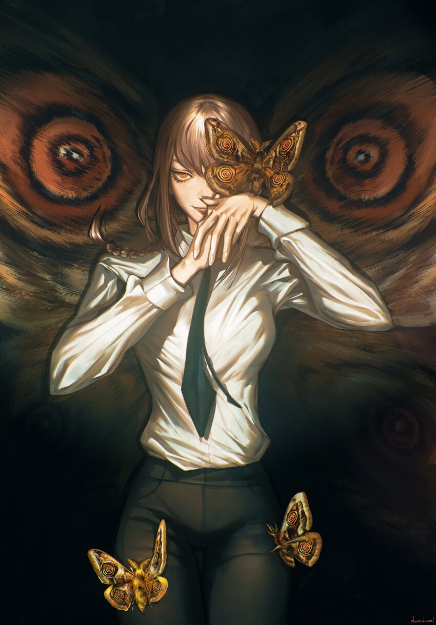 1girl absurdres black_necktie black_pants braid brown_hair bug chainsaw_man closed_mouth collared_shirt dromi999 formal_clothes highres insect looking_at_viewer makima_(chainsaw_man) moth necktie pant_suit pants ringed_eyes shirt shirt_tucked_in single_braid solo suit white_shirt yellow_eyes