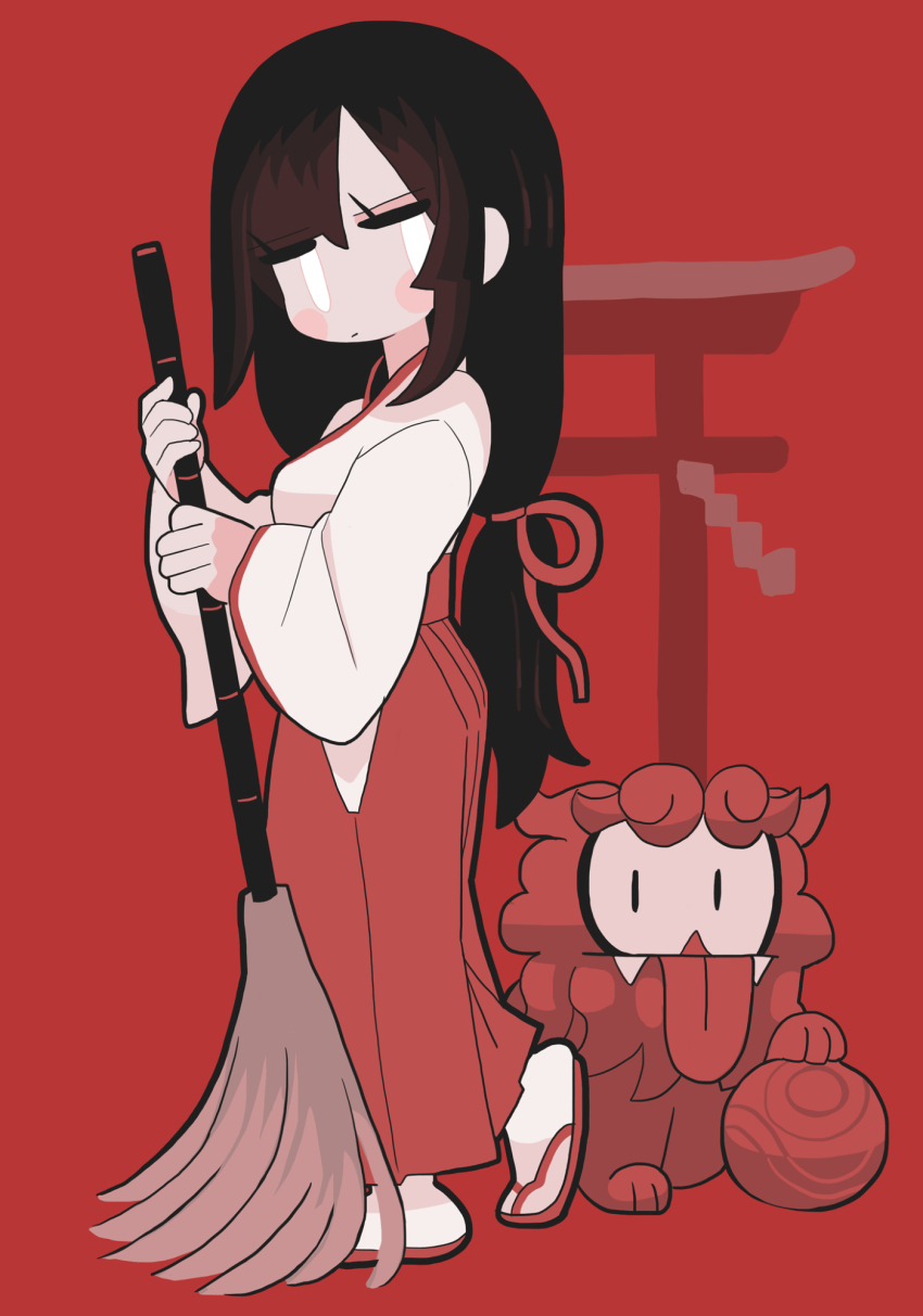 1girl black_hair blank_eyes blush_stickers broom commentary fangs gashi-gashi hakama highres holding holding_broom japanese_clothes komainu long_hair long_sleeves looking_at_viewer miko original red_background red_hakama red_theme sandals simple_background symbol-only_commentary tabi tongue tongue_out torii very_long_hair white_eyes zouri