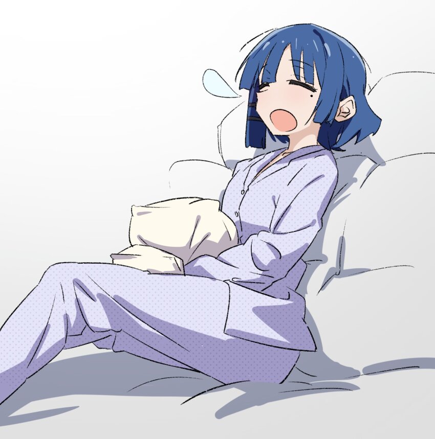 1girl alternate_costume bed blue_hair blunt_bangs bocchi_the_rock! closed_eyes commentary commentary_request highres holding holding_pillow mole mole_under_eye nose_bubble oekakiism open_mouth pajamas pillow purple_pajamas short_hair sidelocks simple_background sitting sleeping sleeping_upright solo white_background yamada_ryo