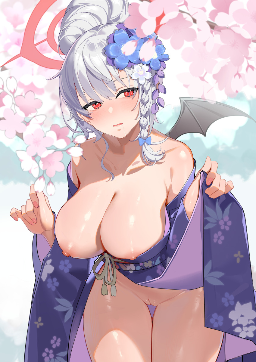 1girl absurdres blue_archive breasts cherry_blossoms clothes_lift commentary_request demon_girl demon_wings flower grey_hair hair_flower hair_ornament halo haruna_(blue_archive) haruna_(new_year)_(blue_archive) highres japanese_clothes kimono kimono_lift kururu_(qqqqq59508750) large_breasts leaning_forward lifting_own_clothes medium_hair nipples official_alternate_costume parted_lips purple_kimono pussy red_eyes red_halo single_wing solo teeth wings