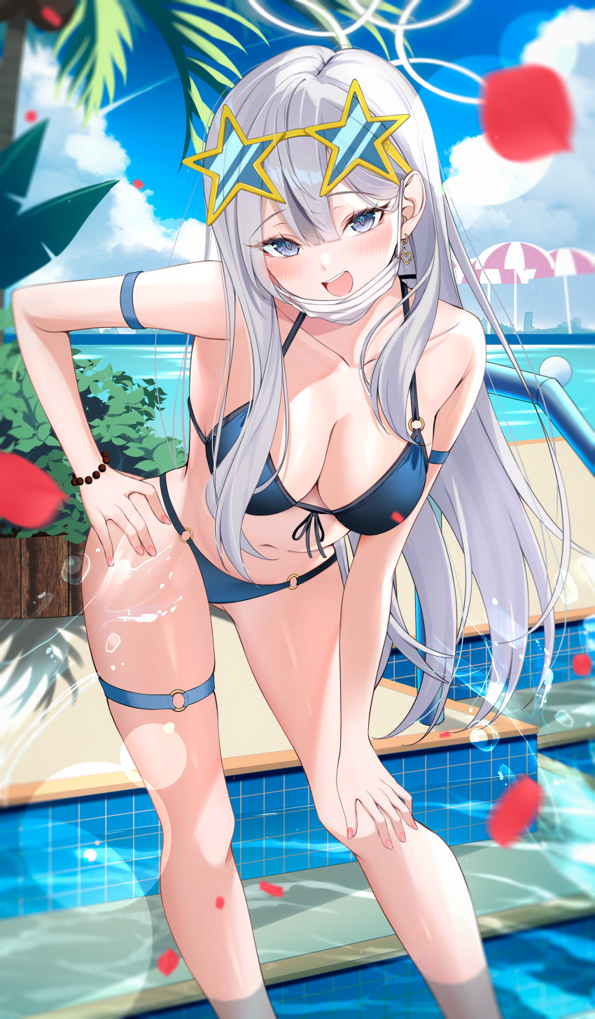 1girl absurdres arm_strap bikini blue_archive blue_bikini blue_sky blush bracelet breasts cleavage coconut_tree commentary ear_ornament earrings eyewear_on_head fingernails front-tie_bikini_top front-tie_top grey_eyes grey_hair halterneck hand_on_own_hip heart heart_earrings highres jewelry konoka_(blue_archive) kunimine_yuzuki long_hair mask mask_around_neck medium_breasts mouth_mask navel open_mouth palm_tree pool sky solo string_bikini surgical_mask swimsuit thigh_strap thighs tree yellow-framed_eyewear