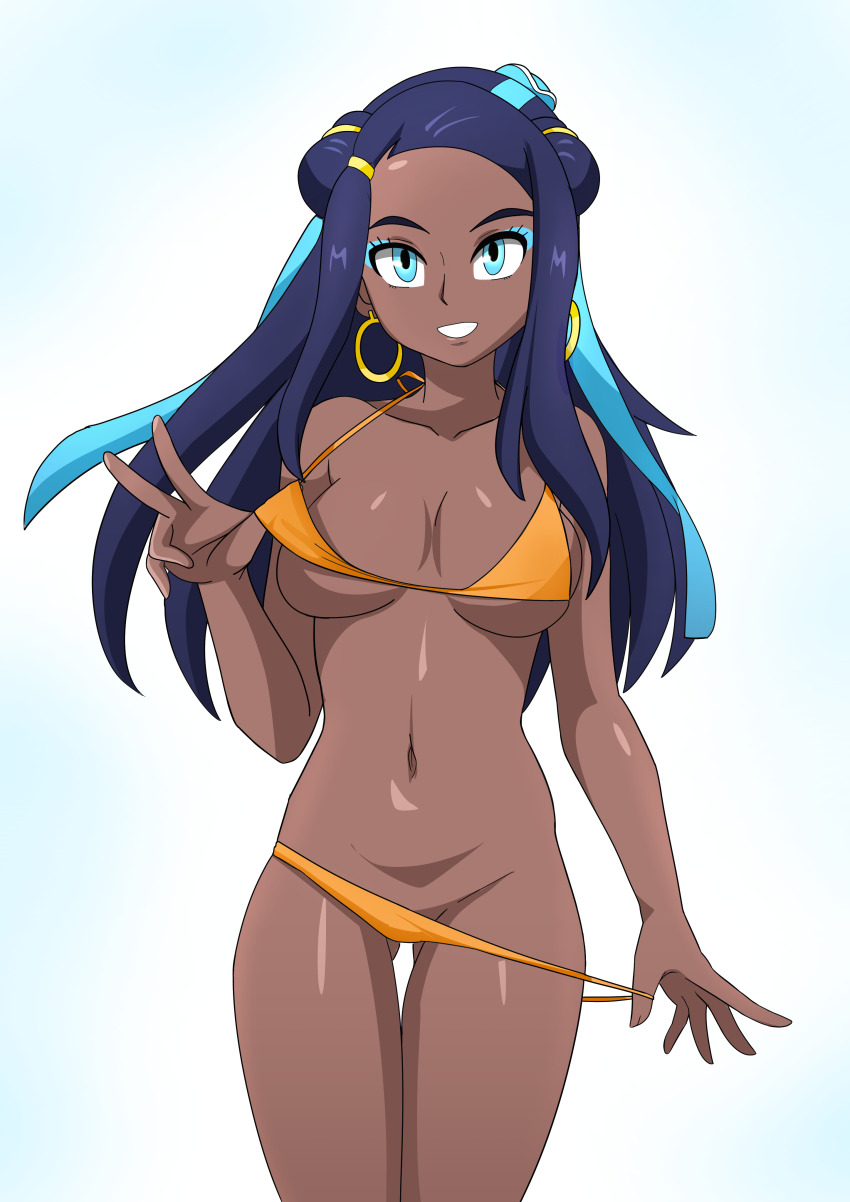 1girl absurdres alexkonakona alternate_costume bikini bikini_tug black_hair blue_eyes blue_eyeshadow blue_hair breasts collarbone commentary cowboy_shot creatures_(company) dark-skinned_female dark_skin earrings eyelashes eyeshadow game_freak gluteal_fold grin happy highres hoop_earrings jewelry makeup multicolored_hair navel nessa_(pokemon) nintendo orange_bikini pokemon pokemon_swsh smile solo spread_fingers swimsuit teeth thigh_gap two-tone_hair v