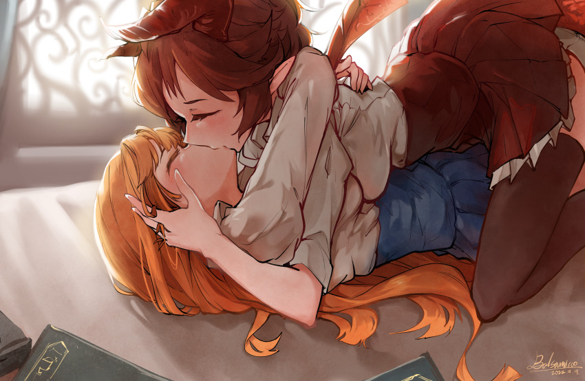 2girls anne_(shingeki_no_bahamut) balsamico_su bed blush book breast_press breasts brown_hair closed_eyes commentary_request dated day dragon_girl dragon_horns dragon_tail dragon_wings facing_another from_side girl_on_top grea_(shingeki_no_bahamut) hand_in_another&#039;s_hair highres holding horns hug kiss long_hair lying lying_on_person medium_breasts multiple_girls on_back on_bed on_person orange_hair pointy_ears red_hair school_uniform shingeki_no_bahamut short_hair signature skirt straddling symmetrical_docking tail thighhighs window wings yuri