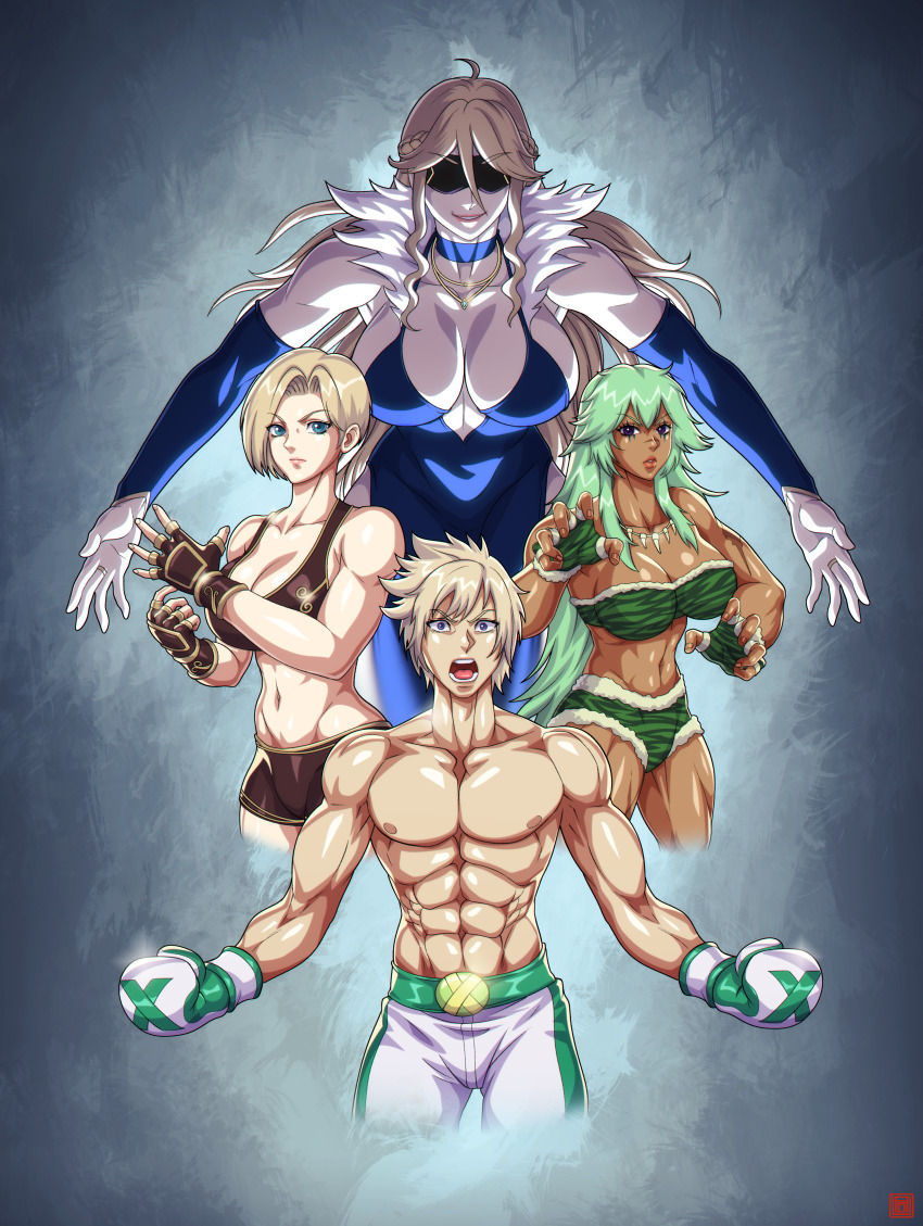 1boy 3girls absurdres blonde_hair boxing boxing_gloves dark-skinned_female dark_skin darkeyez07 green_hair highres max_(lionfranky) multiple_girls siri_(lionfranky)