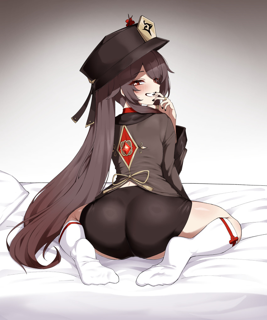 1girl artist_request ass bed black_shorts blush brown_hair cameltoe chinese_clothes come_hither from_behind genshin_impact grin hat hat_ornament hu_tao_(genshin_impact) long_hair looking_at_viewer looking_back naughty_face pyro_(genshin_impact) red_eyes short_shorts shorts sitting smile socks solo twintails very_long_hair vision_(genshin_impact) wariza