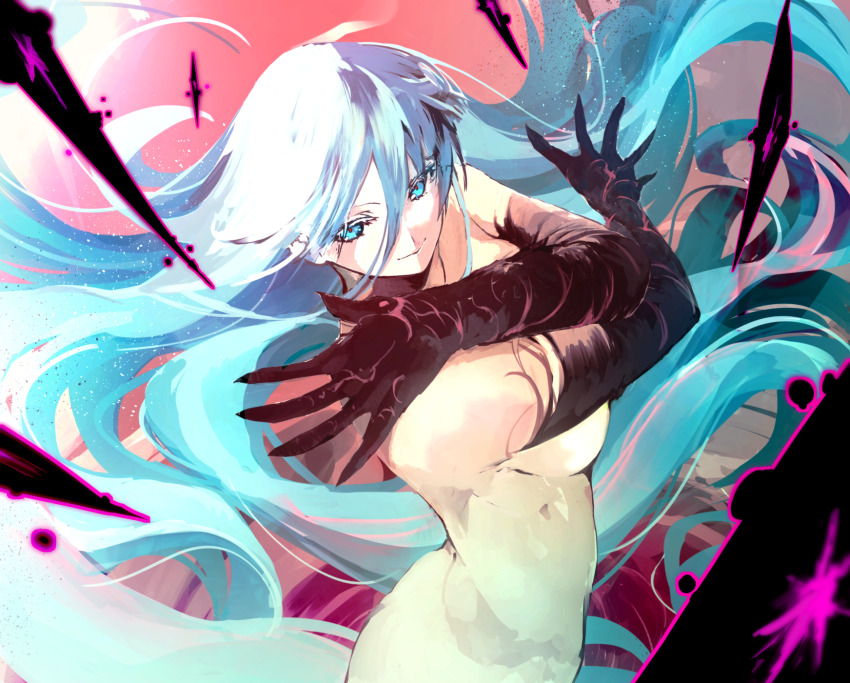 1girl agulo blue_hair bright_pupils collarbone completely_nude evil_smile gele hair_between_eyes highres jill_(rance_series) long_hair looking_at_viewer navel nude rance_(series) rance_10 smile smirk straight_hair very_long_hair