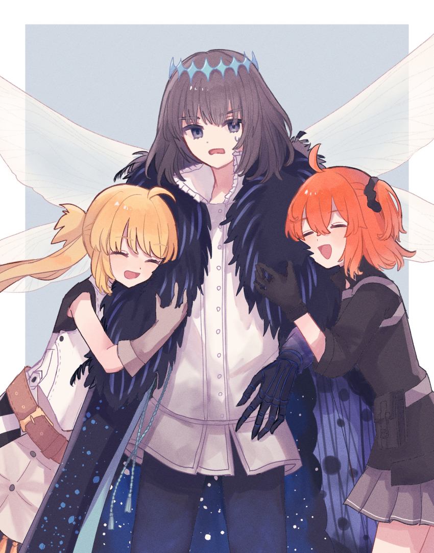 1boy 2girls :d ^_^ ahoge arm_hug arthropod_boy arthropod_limbs artoria_caster_(fate) artoria_caster_(first_ascension)_(fate) artoria_pendragon_(fate) belt black_cape black_eyes black_gloves black_hair black_jacket black_scrunchie blonde_hair blue_background blue_hairband blue_pants blush border brown_belt cape closed_eyes collared_shirt diamond_hairband double_arm_hug dragonfly_wings dress empty_eyes fate/grand_order fate_(series) frilled_shirt_collar frills fujimaru_ritsuka_(female) fujimaru_ritsuka_(female)_(polar_chaldea_uniform) fur-trimmed_cape fur_trim girl_sandwich gloves grey_gloves grey_hair grey_skirt hair_between_eyes hair_ornament hair_scrunchie hairband highres insect_wings jacket koromo_(osakana0525) long_hair long_sleeves medium_hair multiple_girls no_headwear oberon_(fate) oberon_(third_ascension)_(fate) one_side_up open_mouth orange_hair outside_border pants pleated_skirt popped_collar sandwiched scrunchie shirt short_sleeves simple_background skirt sleeveless sleeveless_dress smile sweat twintails very_long_hair white_border white_dress white_shirt wings