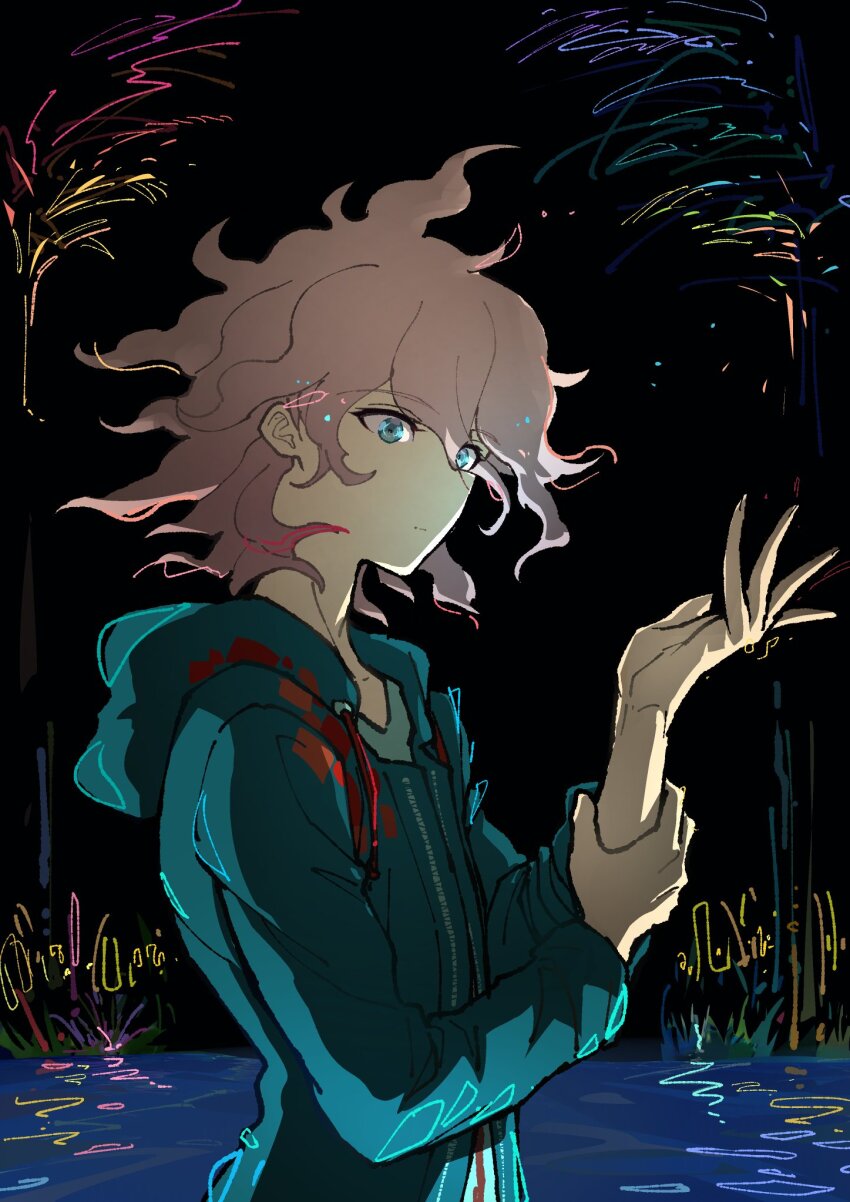 1boy black_background closed_mouth danganronpa_(series) danganronpa_2:_goodbye_despair from_side green_jacket grey_eyes grey_hair grey_shirt hands_up highres hood hood_down hooded_jacket jacket komaeda_nagito long_sleeves messy_hair open_clothes open_jacket shirt solo water youko-shima