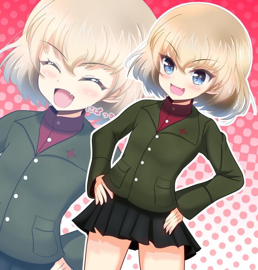 1girl blonde_hair blue_eyes blush breasts fang girls_und_panzer katyusha_(girls_und_panzer) kumaisao military_uniform open_mouth pravda_military_uniform short_hair small_breasts smile solo