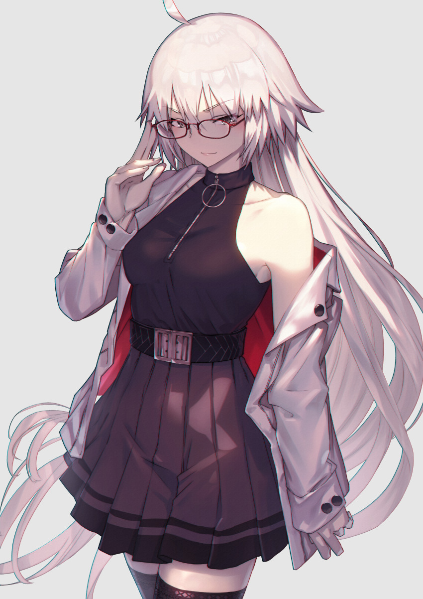 1girl absurdres ahoge belt black_dress black_thighhighs breasts dress fate/grand_order fate_(series) glasses grey_hair highres jacket jeanne_d&#039;arc_alter_(fate) large_breasts long_hair long_sleeves looking_at_viewer nakanishi_tatsuya off_shoulder open_clothes open_jacket smile solo thighhighs thighs very_long_hair white_jacket yellow_eyes zipper