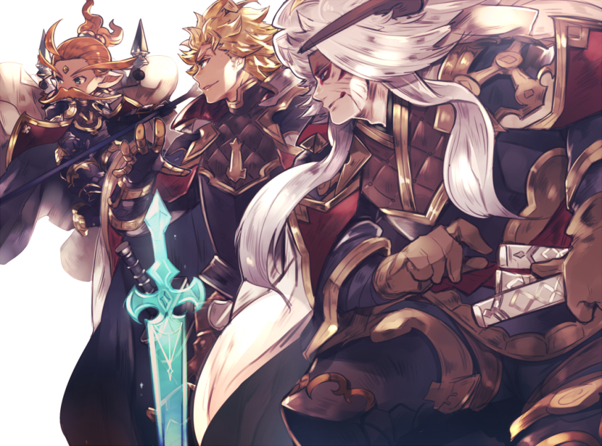 3boys anre_(granblue_fantasy) blonde_hair blue_eyes brown_gloves brown_headband brown_horns cape commentary_request draph eahta_(granblue_fantasy) facepaint facial_hair forehead_jewel gloves granblue_fantasy grin hand_on_weapon harvin headband holding holding_polearm holding_weapon horns long_hair male_focus multiple_boys mustache orange_hair polearm seofon_(granblue_fantasy) sheath sheathed short_hair smile sword thick_mustache tokunaki_nozomu weapon white_hair