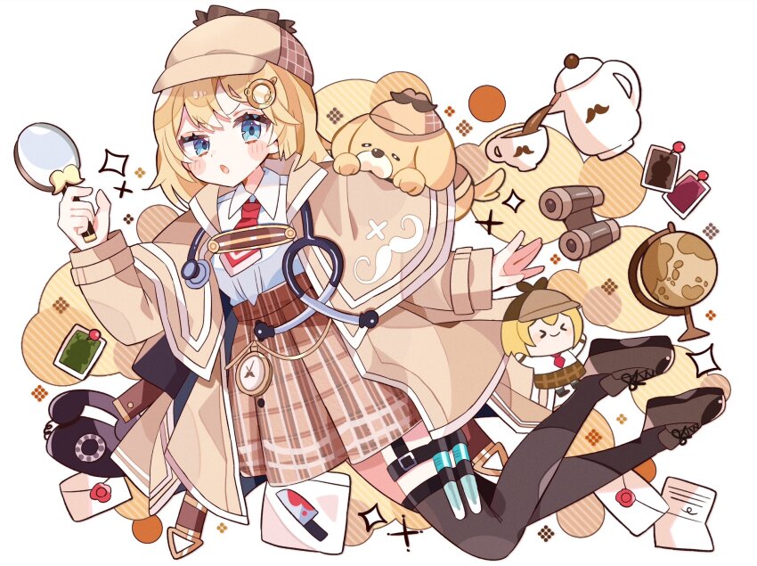 &gt;_&lt; 1girl :o animal animal_on_shoulder binoculars black_footwear black_thighhighs blonde_hair blue_eyes blush_stickers brown_capelet brown_hat brown_skirt bubba_(watson_amelia) capelet collared_shirt corded_phone cup deerstalker dog envelope full_body garter_belt globe hair_ornament hat high-waist_skirt highres holding holding_magnifying_glass hololive hololive_english knife looking_at_viewer magnifying_glass necktie ojipyon open_mouth phone photo_(object) pin plaid_clothes plaid_skirt pocket_watch pouring red_necktie shirt shoes short_hair skirt smile smol_ame solo sparkle stethoscope teacup teapot thighhighs uneven_eyes virtual_youtuber watch watson_amelia watson_amelia_(1st_costume) white_background white_shirt