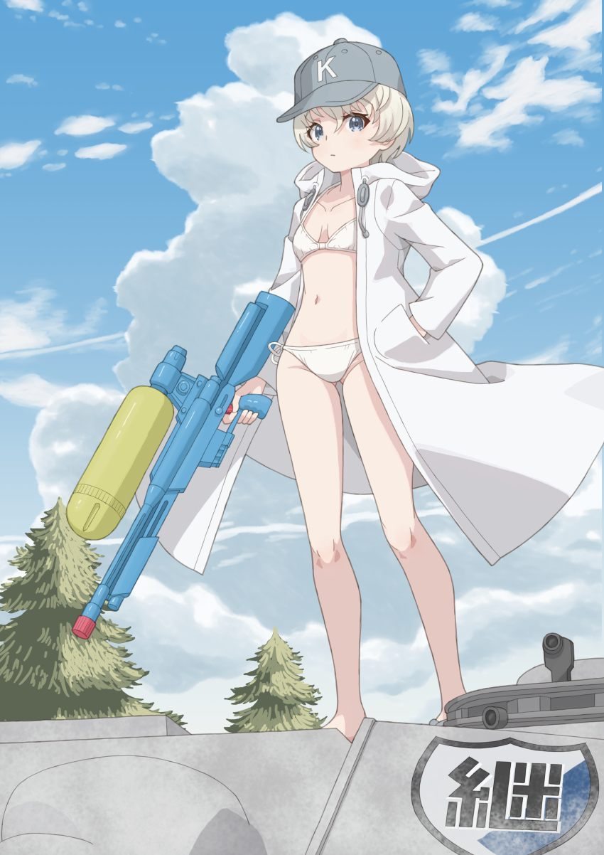 1girl absurdres baseball_cap bikini blonde_hair blue_eyes blue_sky blush breasts cleavage closed_mouth cloud cloudy_sky coat commentary day emblem full_body girls_und_panzer hand_in_pocket hat highres holding holding_water_gun hood hood_down hooded_coat keizoku_(emblem) long_sleeves looking_at_viewer military_vehicle motor_vehicle navel on_tank open_clothes open_coat outdoors pine_tree qgkmn541 short_hair side-tie_bikini_bottom sky small_breasts solo standing sturmgeschutz_iii swimsuit tank tree water_gun white_bikini white_coat white_hair youko_(girls_und_panzer)