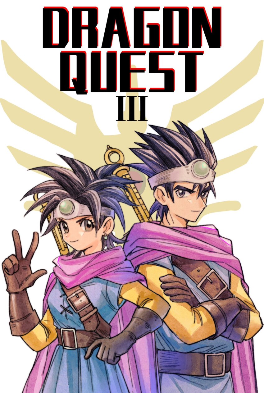 1boy 1girl belt blue_tunic brown_belt brown_eyes brown_gloves brown_hair cape closed_mouth commentary_request copyright_name crossed_arms dragon_quest dragon_quest_iii earrings gloves hand_on_own_hip hero_(dq3) heroine_(dq3) highres jewelry looking_at_viewer mouyi pink_cape roto_(dq3) short_hair smirk spiked_hair tunic upper_body yellow_sleeves