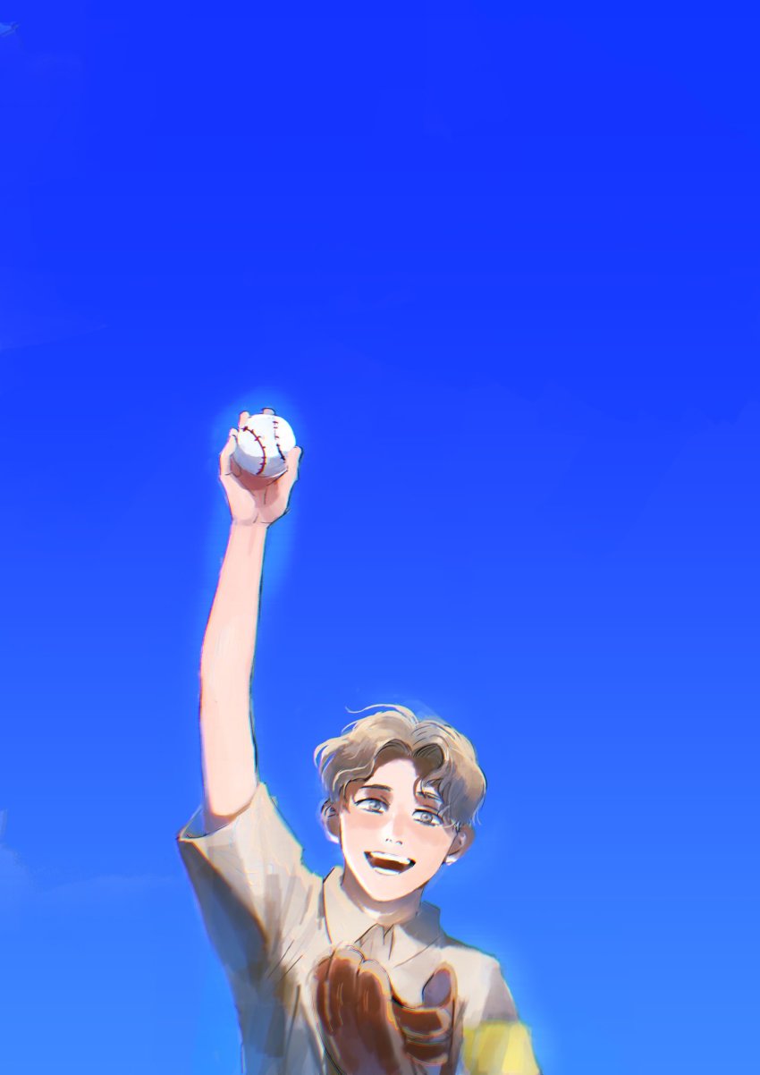 1boy age_regression aged_down armband ball baseball baseball_(object) baseball_glove blue_sky chiruchiru commentary highres holding holding_ball shingeki_no_kyojin shirt simple_background sky solo white_shirt zeke_yeager