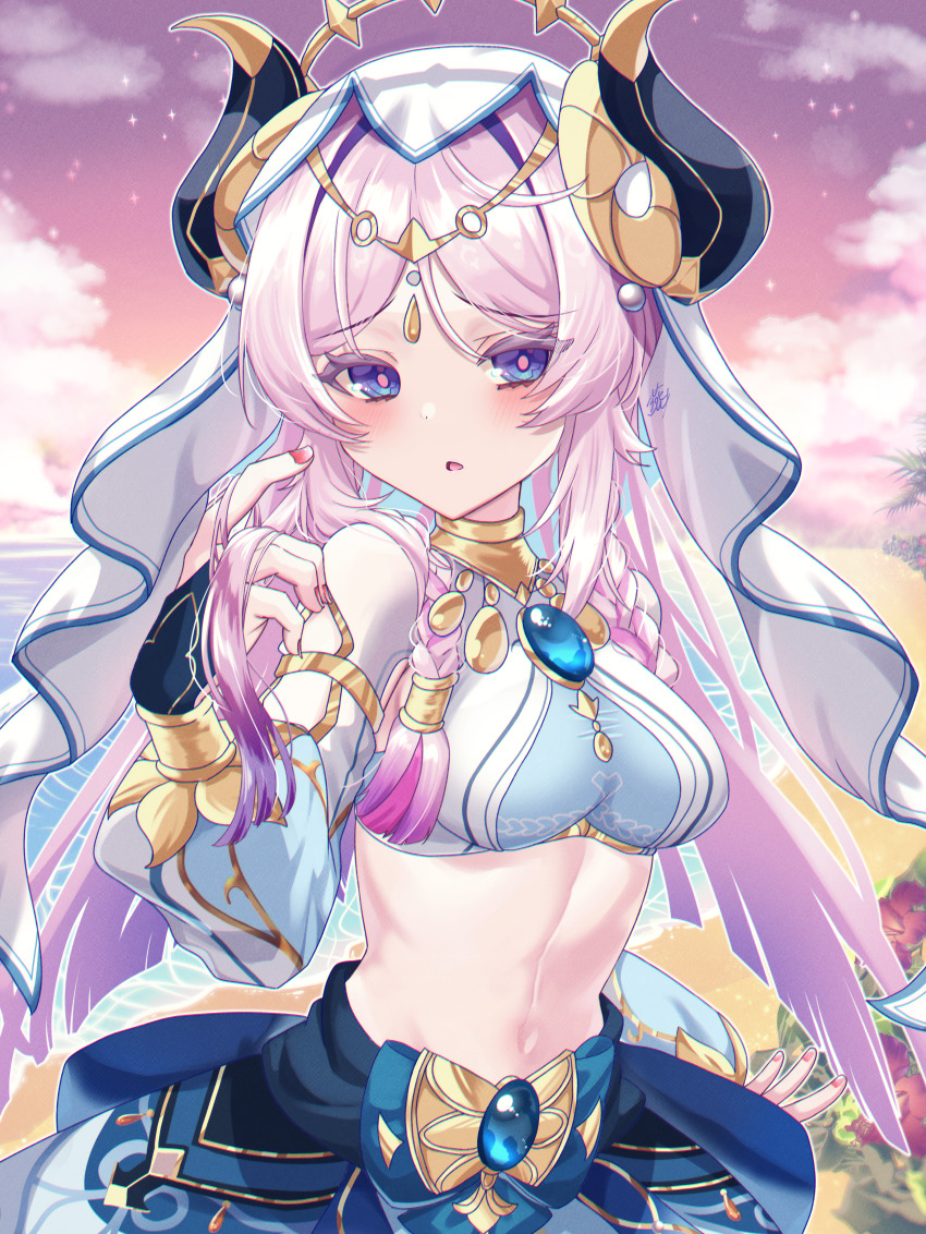 1girl absurdres adapted_costume beach blue_eyes blue_gemstone blue_skirt blush breasts circlet citlali_(genshin_impact) cloud colored_eyelashes commentary_request cosplay crop_top fake_horns fingernails gem genshin_impact gold_trim hand_in_own_hair hand_up highres horns large_breasts long_hair long_sleeves looking_at_viewer nilou_(genshin_impact) nilou_(genshin_impact)_(cosplay) open_mouth outdoors pink_hair pink_pupils puffy_long_sleeves puffy_sleeves red_nails signature skirt sky solo stomach tsubame-tsubame- upper_body veil very_long_hair white_veil