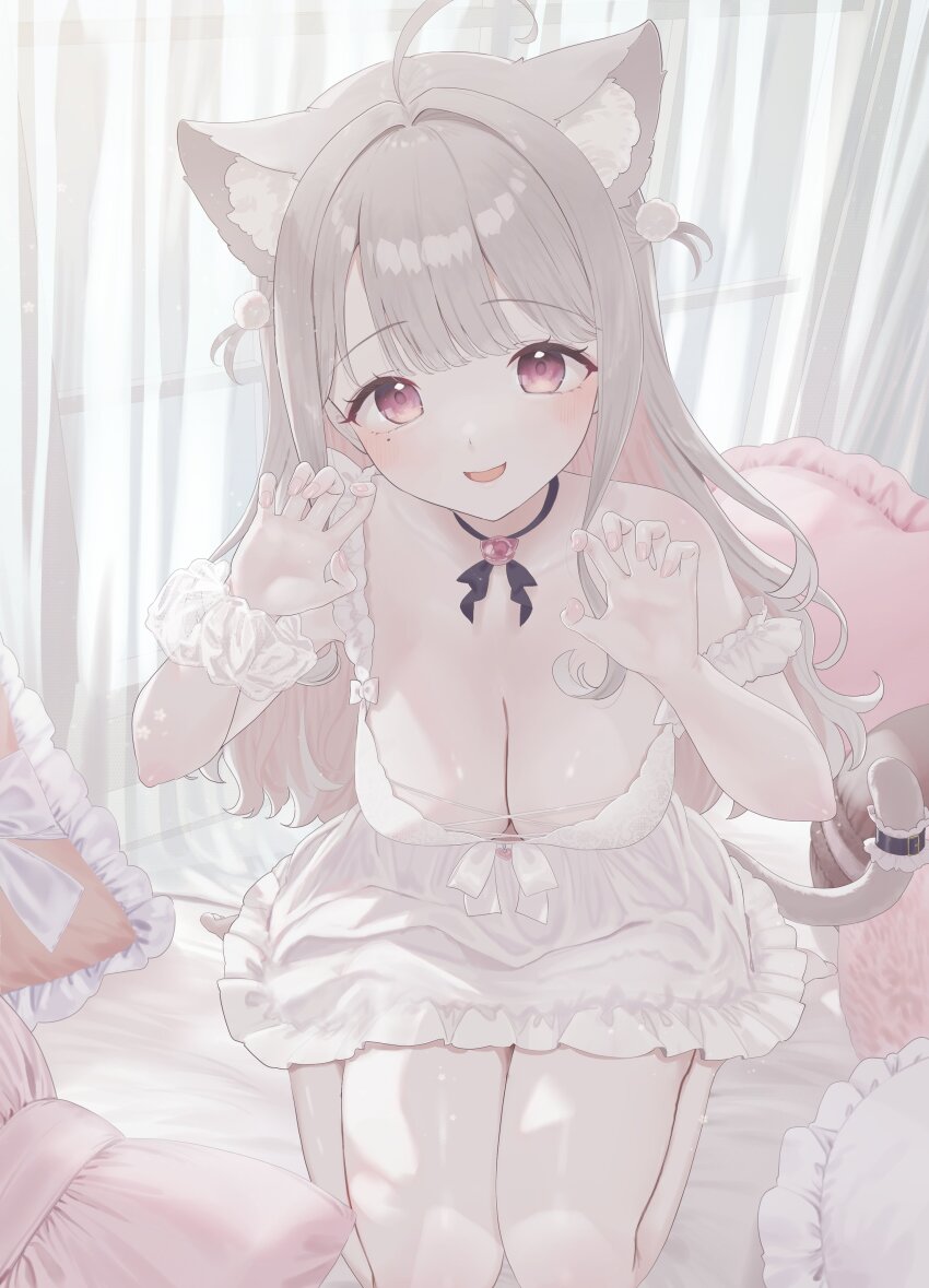 1girl :d absurdres ahoge animal_ear_fluff animal_ears black_choker breasts cat_ears cat_girl cat_tail choker claw_pose cleavage dress grey_hair highres indie_virtual_youtuber kuyukian3 large_breasts long_hair mole mole_under_eye open_mouth pink_eyes second-party_source single_wrist_cuff smile solo tail uise_iu virtual_youtuber white_dress wrist_cuffs