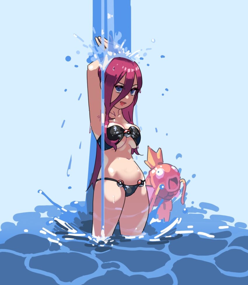 1girl bikini black_bikini blue_eyes breasts creatures_(company) game_freak gen_1_pokemon highres jessie_(pokemon) large_breasts long_hair looking_at_viewer magikarp nintendo noyemik pink_hair poke_ball pokemon pokemon_(anime) pokemon_(creature) pokemon_ep018 swimsuit team_rocket water waterfall