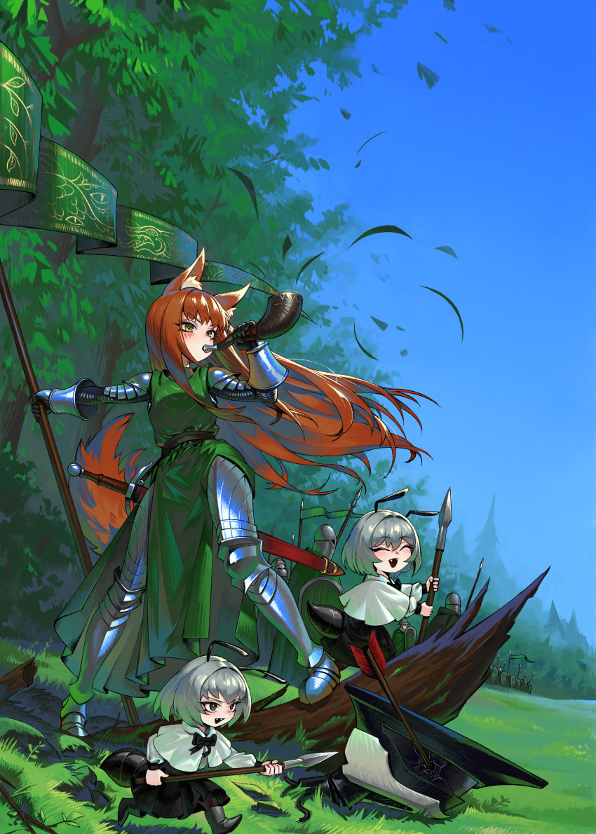 3girls 6+boys absurdres animal_ears ant_girl antennae armor arrow_(projectile) banner belt black_skirt blowing_horn blue_sky blush chibi cloak commentary day english_commentary fangs fantasy field forest fox_ears fox_girl fox_tail gauntlets gemi_ningen gothic_plate_armor grass green_cloak green_tabard grey_hair helmet highres holding holding_shield horn_(instrument) knight mantle multiple_boys multiple_girls nature orange_hair original pennant pine_tree plate_armor polearm rimworld robot science_fiction shield shield_wall skirt sky spear standing sword tabard tail tree weapon yellow_eyes