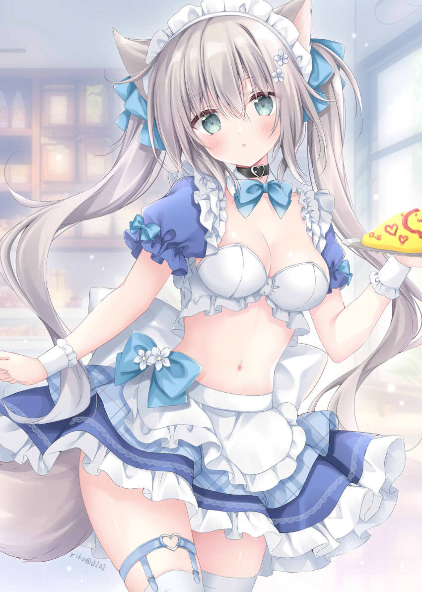 1girl :o animal_ears apron aqua_eyes black_choker blue_bow blue_bowtie blue_skirt blush bow bowtie breasts cat_ears check_copyright choker cleavage collar copyright_request detached_collar food frilled_apron frilled_hairband frilled_skirt frills grey_hair hair_between_eyes hairband hashtag-only_commentary heart_o-ring highres holding holding_food holding_tray korie_riko long_hair looking_at_viewer maid maid_headdress medium_breasts navel o-ring o-ring_thigh_strap omelet omurice original skirt solo stomach thigh_strap thighhighs tray twintails twintails_day very_long_hair waist_apron white_apron white_collar white_hairband white_thighhighs white_wrist_cuffs wrist_cuffs