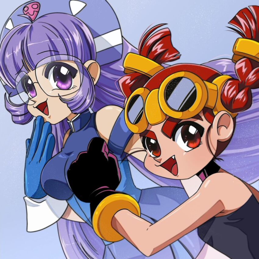 2girls batch braided_pigtails glasses gloves gluko mon_colle_knights multiple_girls purple_eyes purple_hair red_eyes red_hair rokumon_tengai_mon_colle_knight tagme