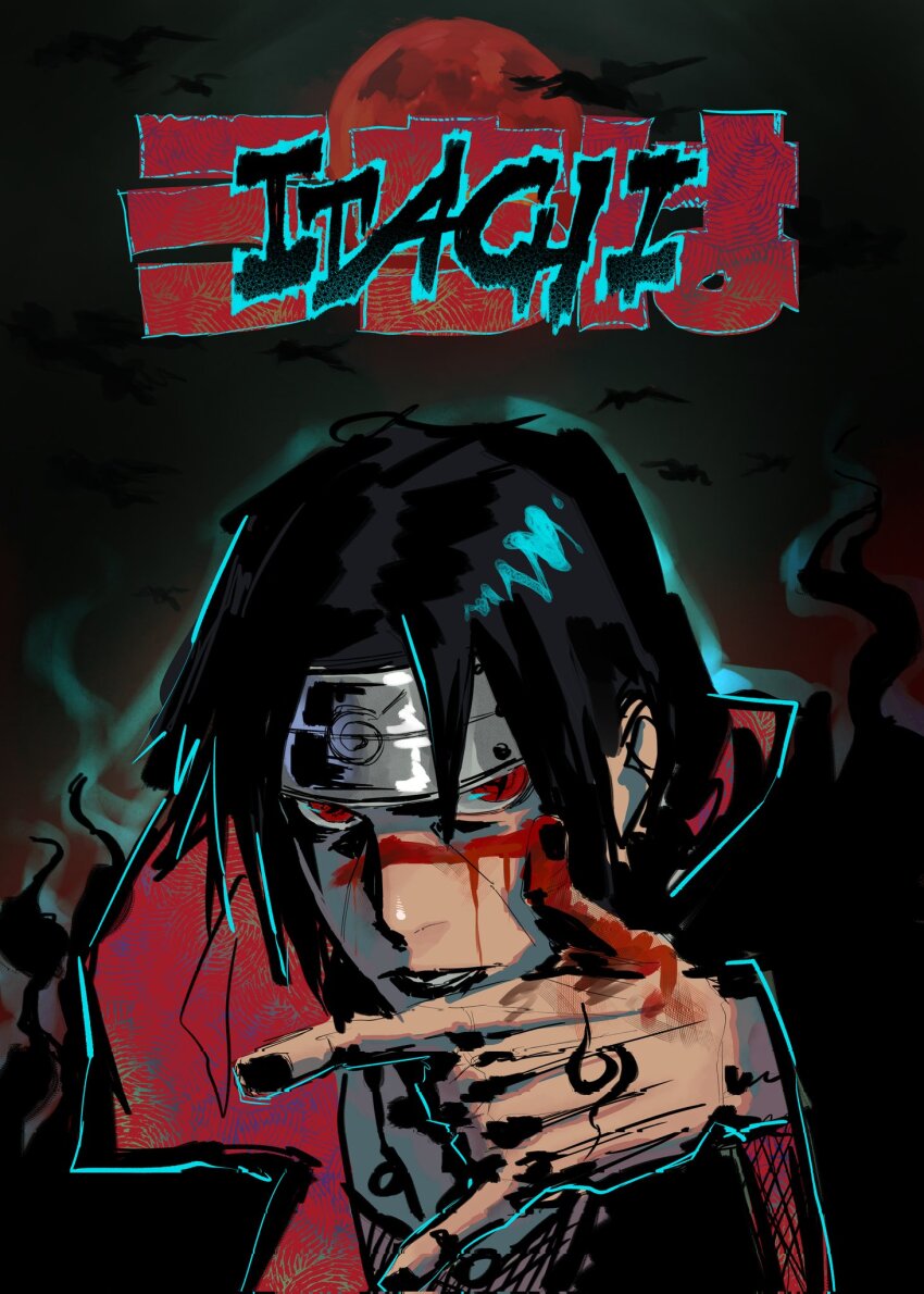 1boy akatsuki_uniform aura black_hair black_lips black_nails blood blood_on_face blood_on_hands blue_outline character_name close-up forehead_protector full_moon hand_tattoo hand_up high_collar highres konohagakure_symbol lipstick looking_at_viewer makeup male_focus mangekyou_sharingan moon nail_polish naruto naruto_(series) outline popped_collar portrait pxtakart red_moon shaka_sign sharingan short_hair solo tattoo uchiha_itachi