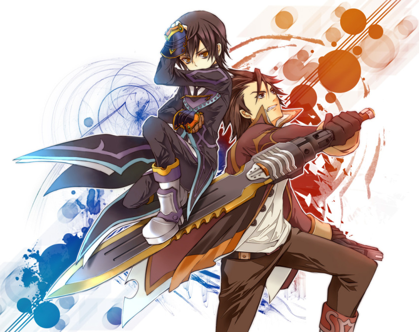 2boys alvin_(tales) bad_id bad_pixiv_id black_hair boots brown_eyes brown_hair buu_(buu02) clenched_teeth coat dual_wielding gun holding jude_mathis knee_boots male_focus multiple_boys on_one_knee pants serious sword tales_of_(series) tales_of_xillia teeth weapon