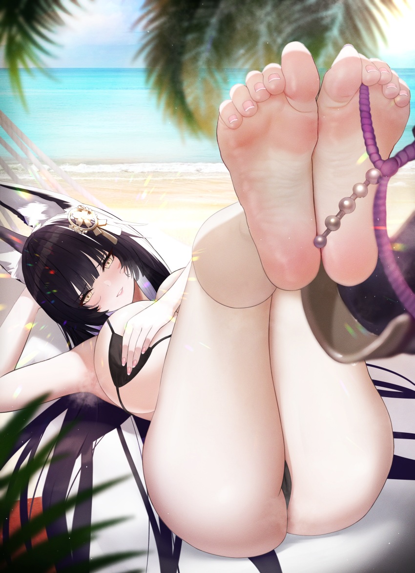 1girl absurdres animal_ear_fluff animal_ears ass azur_lane barefoot bikini black_hair breast_hold breasts commission feet foot_focus foreshortening fox_ears hair_ornament highres huge_breasts looking_at_viewer musashi_(azur_lane) skeb_commission soles swimsuit thighs toes ursica