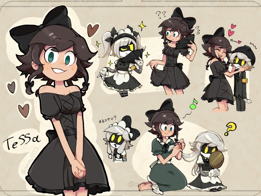 1boy apron black_hair bow braiding_hair cyn_(murder_drones) dress elliott_tessa fan glitch_productions green_eyes hairdressing highres j_(murder_drones) maid multiple_girls murder_drones n_(murder_drones) off-shoulder_dress off_shoulder one_eye_closed ribbon robot translation_request twintails white_hair wink