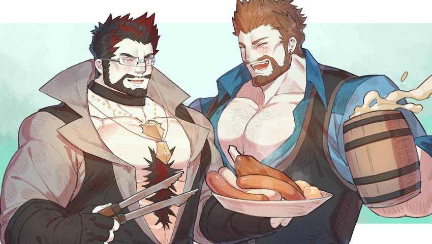 2boys bara beard blush character_request commentary copyright_request facial_hair final_fantasy final_fantasy_xiv glasses large_pectorals male_focus mature_male multiple_boys muscular muscular_male open_mouth pectoral_cleavage pectorals sideburns smile uori warrior_of_light_(ff14)