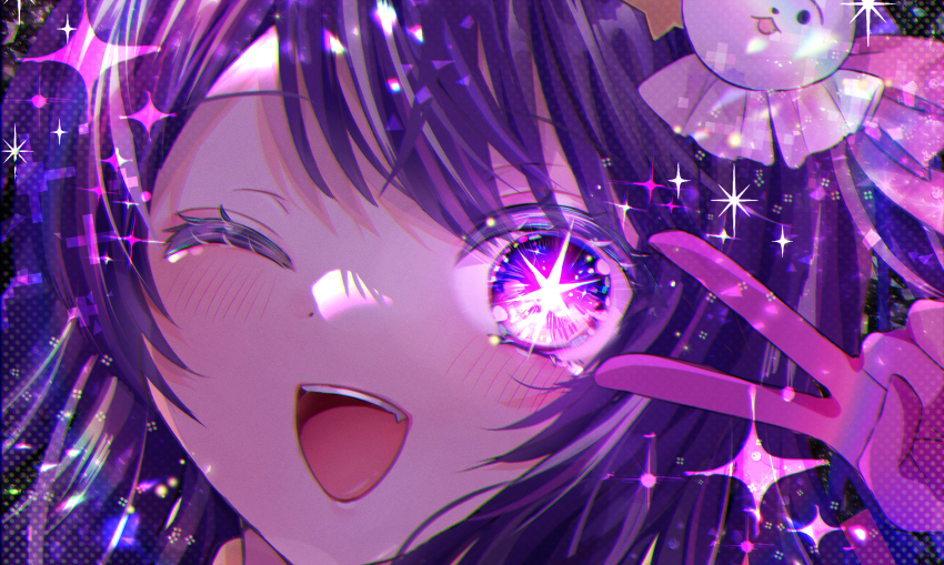 1girl ;d blush chibana_sora close-up commentary gloves hair_ornament highres hoshino_ai long_hair looking_at_viewer one_eye_closed open_mouth oshi_no_ko pink_gloves purple_eyes purple_hair smile solo sparkle star-shaped_pupils star_(symbol) star_hair_ornament star_in_eye swept_bangs symbol-shaped_pupils symbol_in_eye teeth upper_teeth_only v